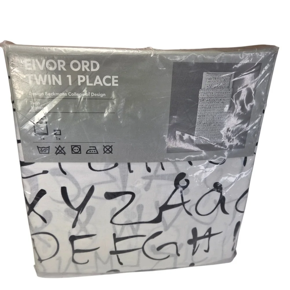 IKEA EIVOR ORD Twin Duvet Cover & Pillowcase Set Black White Alphabet Letters Nw